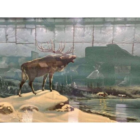 Antique 1927 Theo Lithograph “Call of the Night Elk” – Framed Art Framed Decor - Picture 1 of 3